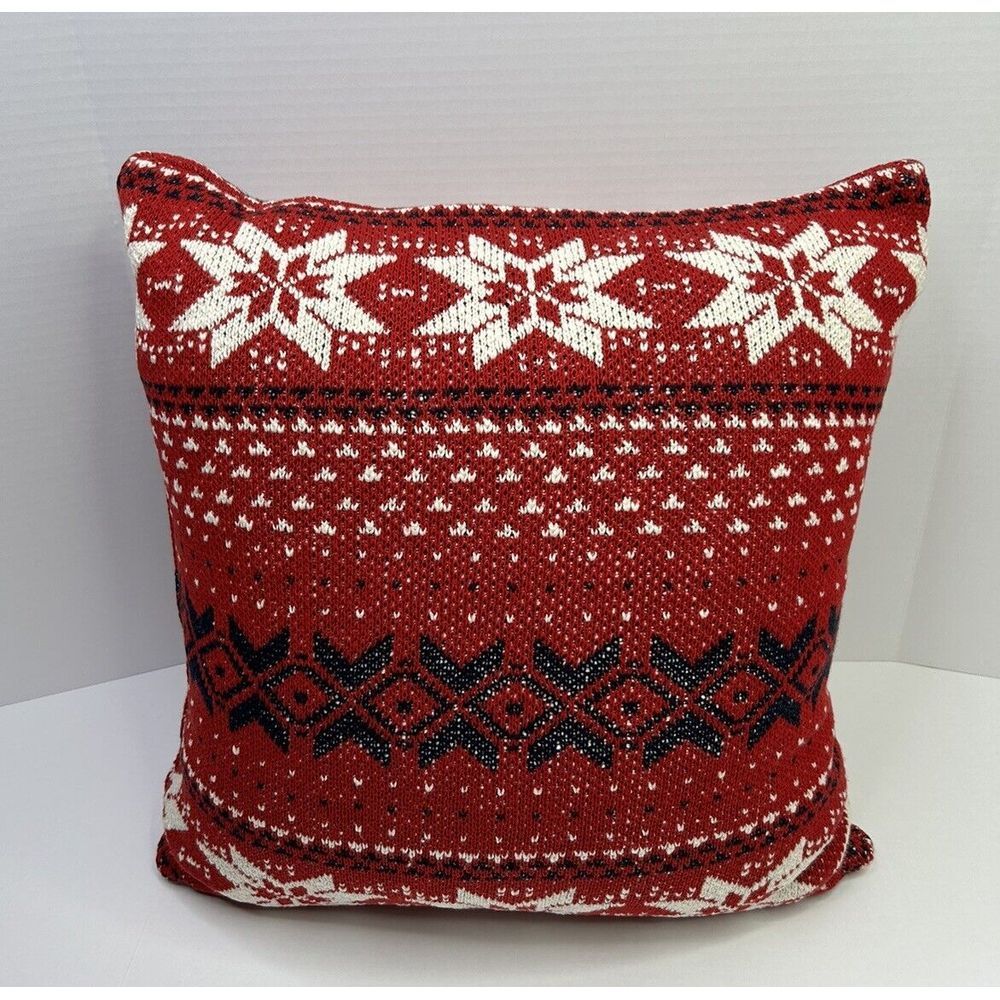 Knit Christmas Throw Pillow 18" x 18" Red + White + Black Snowflakes Fair Isle
